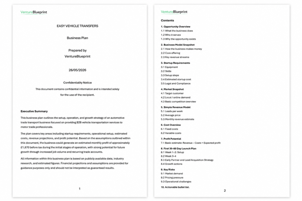 Page 1 and 2 of a business plan for an automotive trade transport business plan. Includes contents page and executive summary. This business plan details how to start a vehicle transport business.