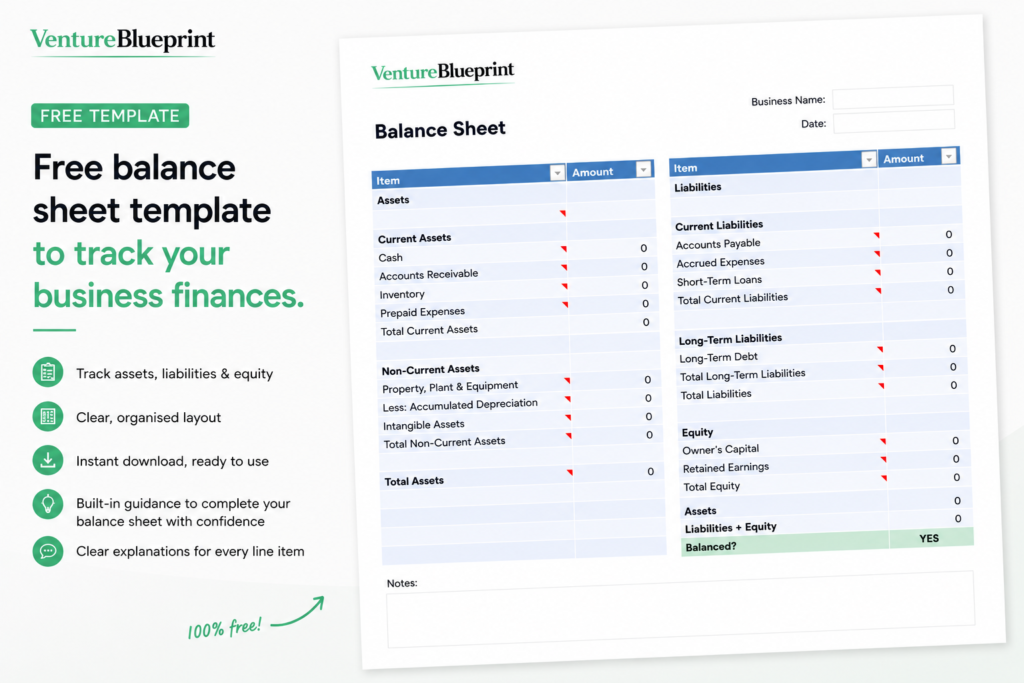 Preview of a free balance sheet template by VentureBlueprint.