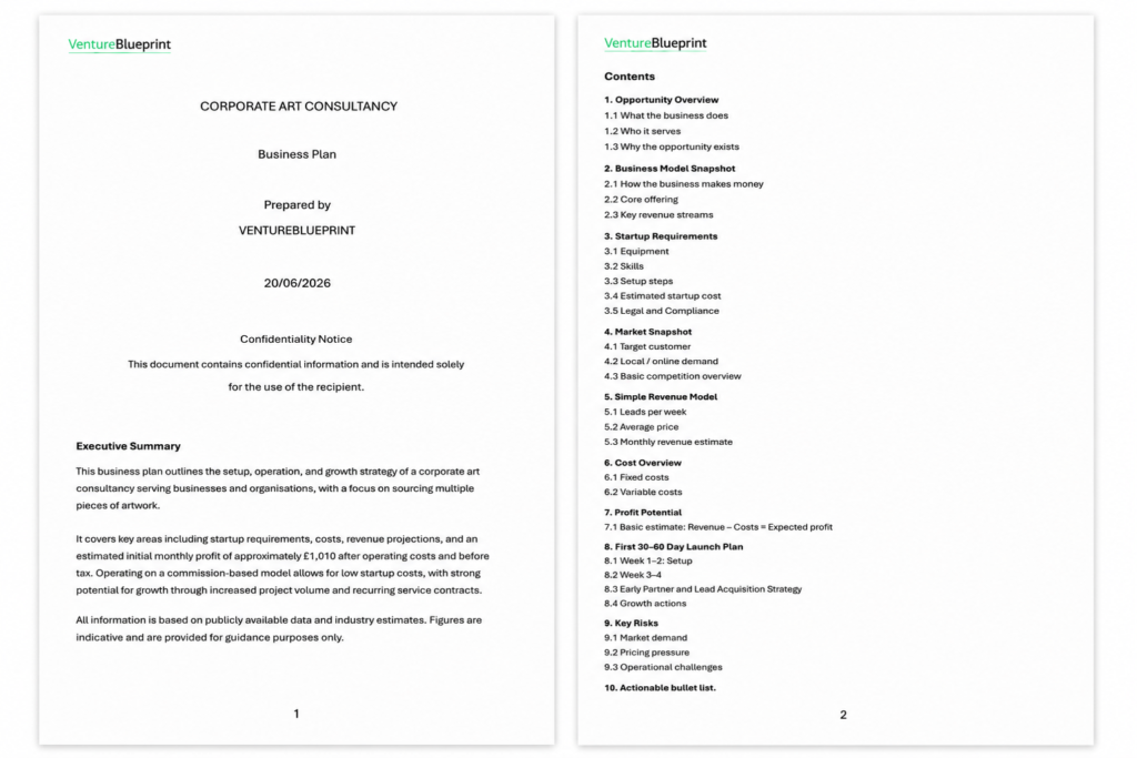 A preview of a business plan for a corporate art consultancy, showing the executive summary and contents page.