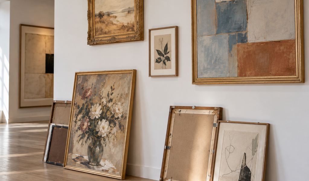 Art gallery displaying framed artwork from an art consultant.